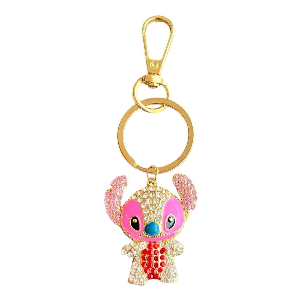 Women's Gold Pink Angel Stitch Key Chain 4" Rhinestone Charm Bling Disney Metal